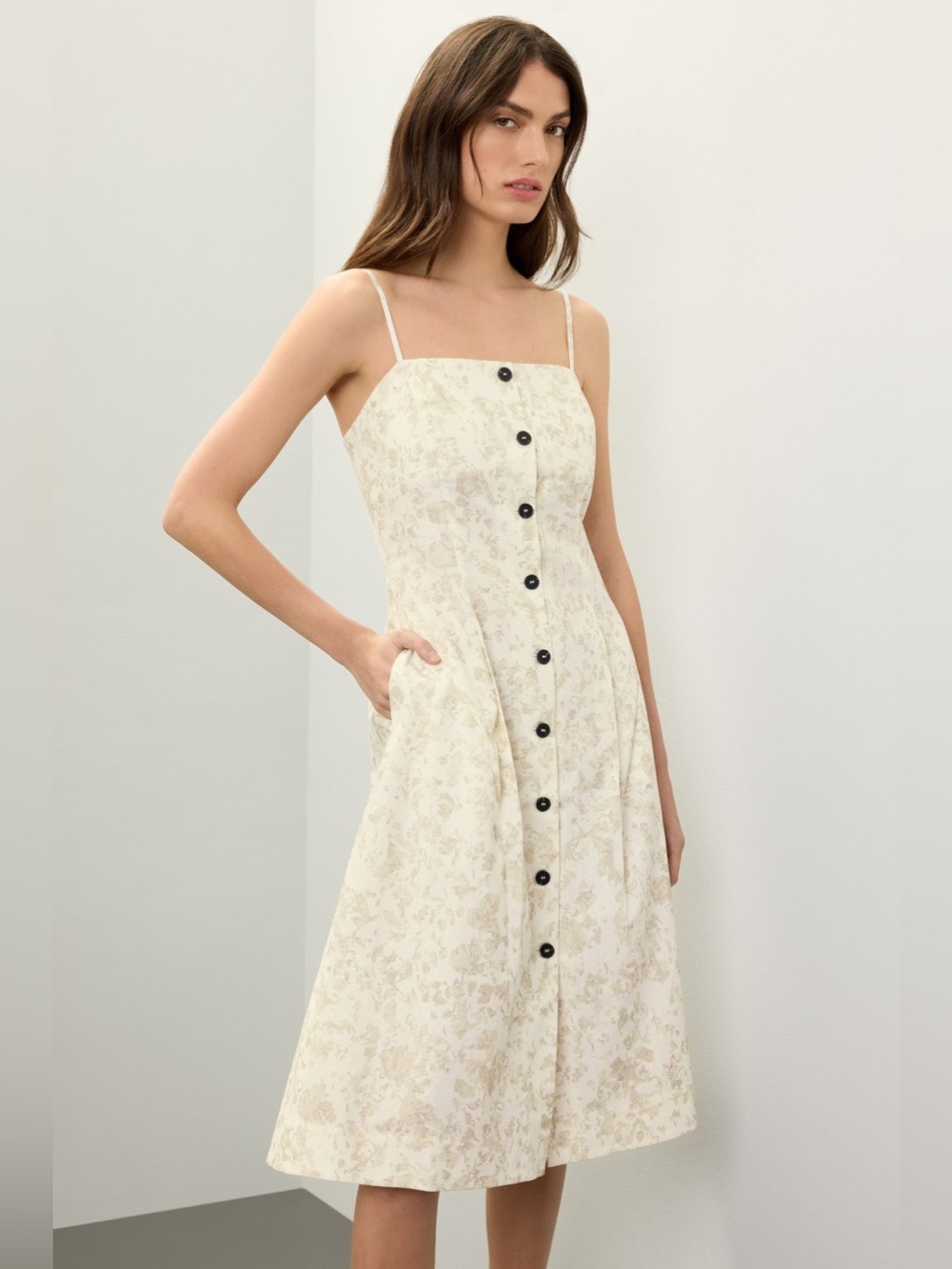 Eudon Choi Cream Floral Midi Dress with Front Buttons Spaghetti Strap Sz 8 Linen